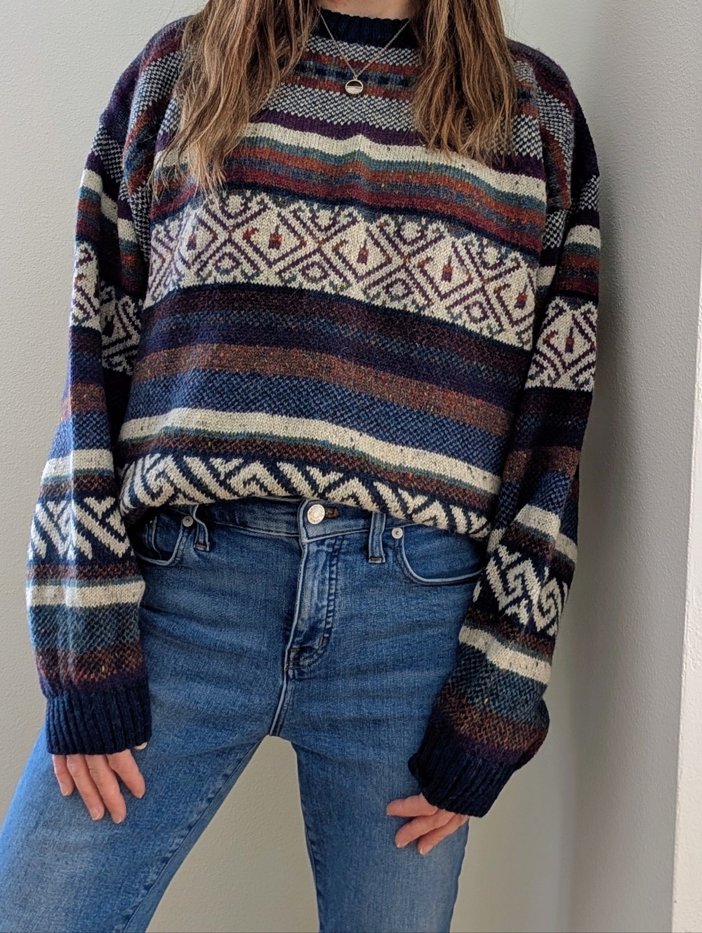 Vintage Abstract Geometric Patterned Chunky Wool Crewneck Sweater In Navy